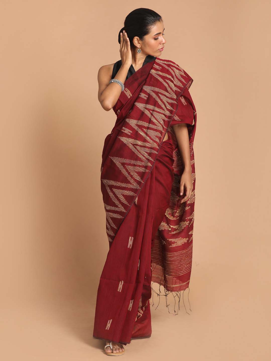Indethnic Maroon Bengal Handloom Cotton Blend Work Saree - View 1