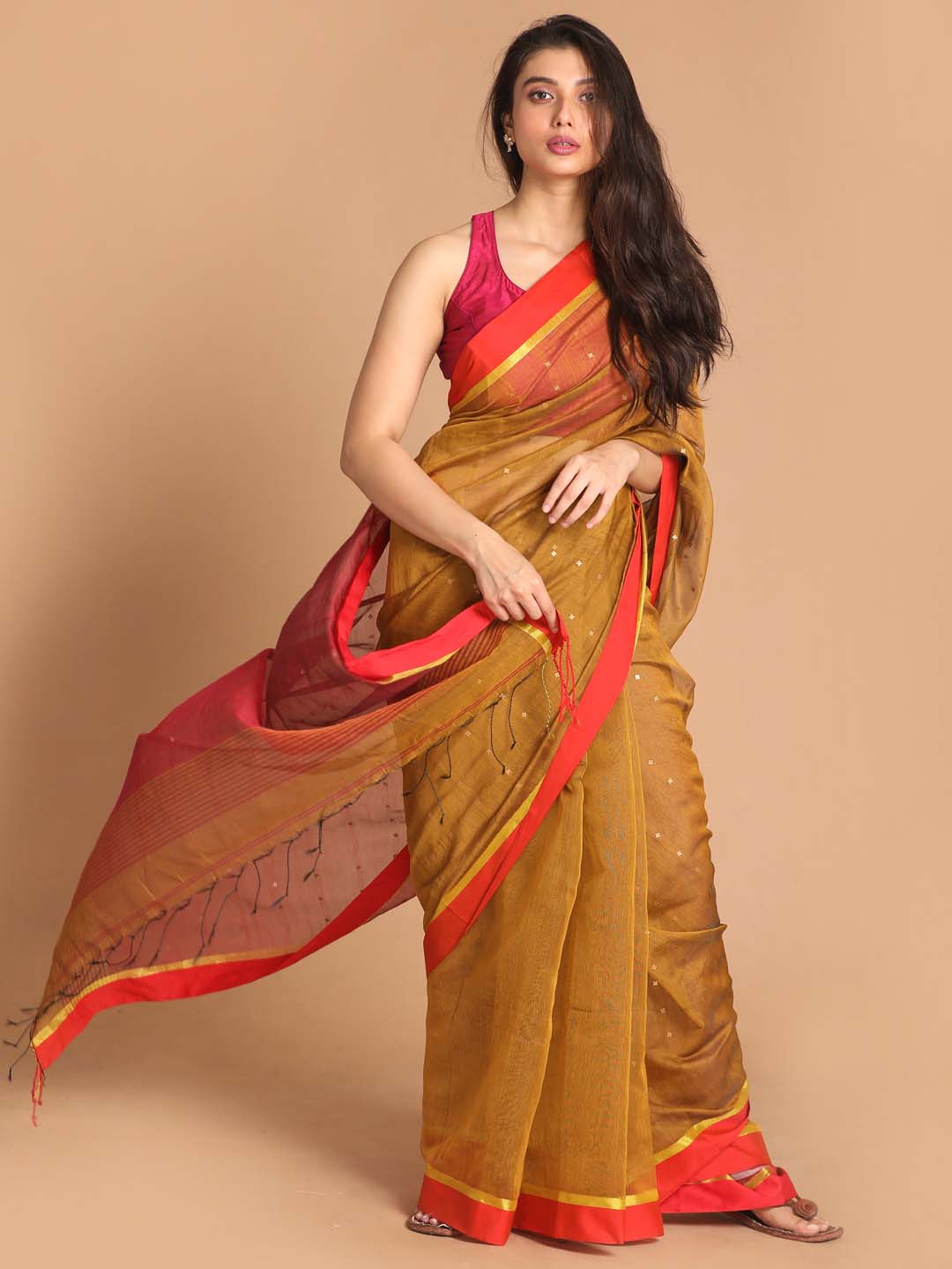 Indethnic Mustard Bengal Handloom Cotton Blend Work Saree - View 1