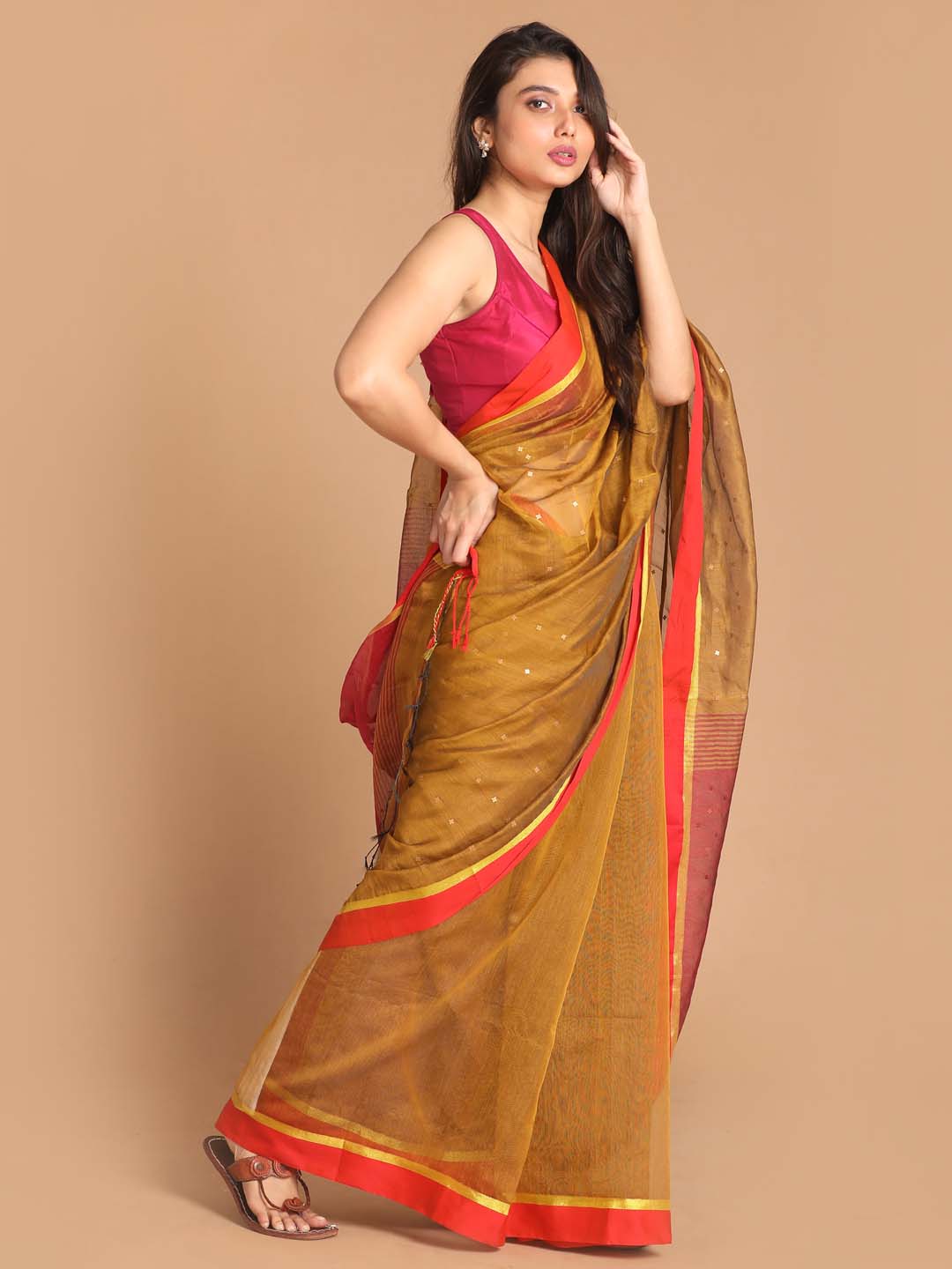 Indethnic Mustard Bengal Handloom Cotton Blend Work Saree - View 2