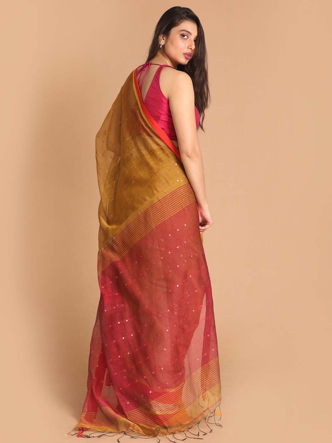 Indethnic Mustard Bengal Handloom Cotton Blend Work Saree - View 3