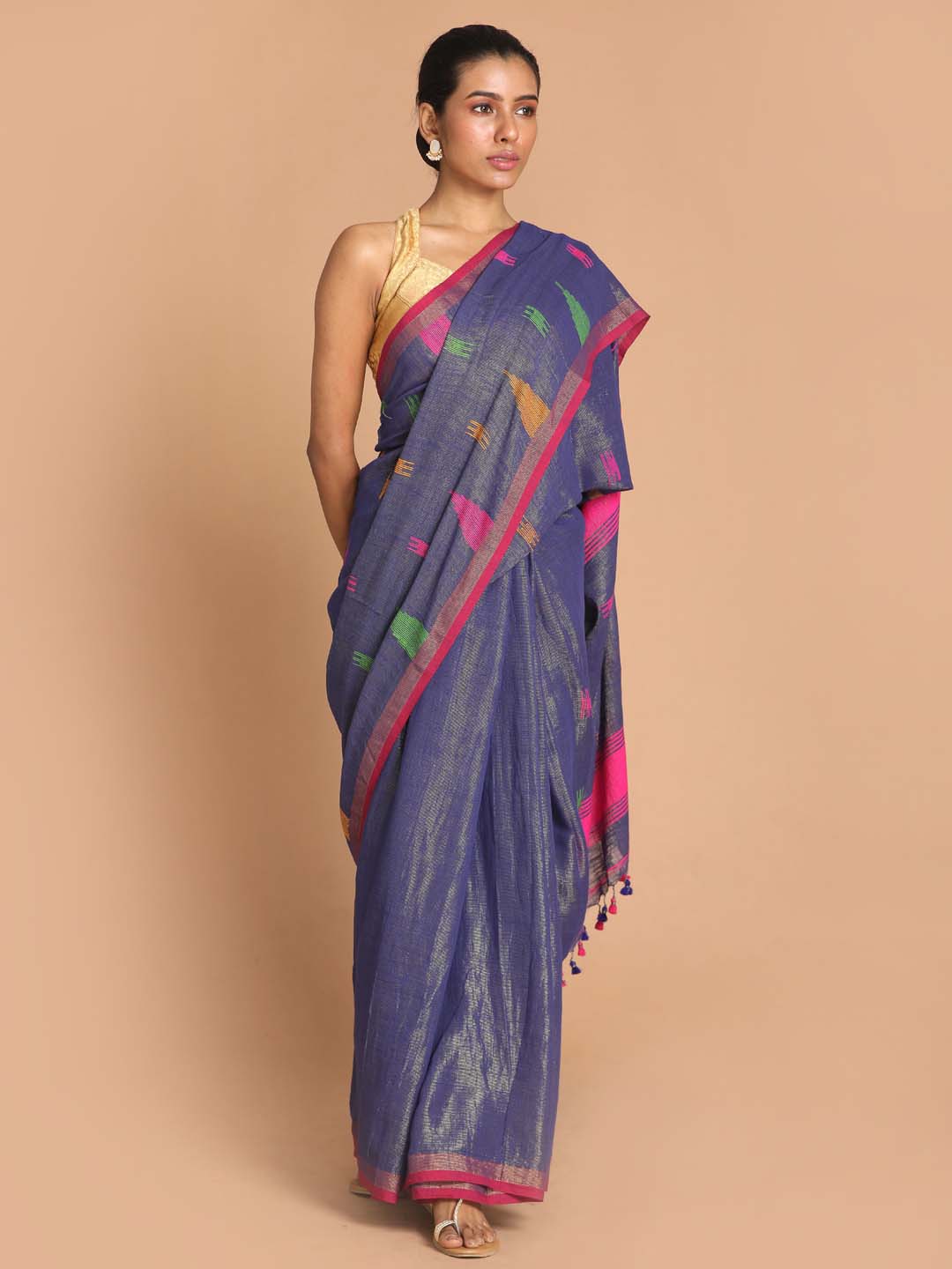 Indethnic Navy Blue Bengal Handloom Cotton Blend Party Saree - View 1