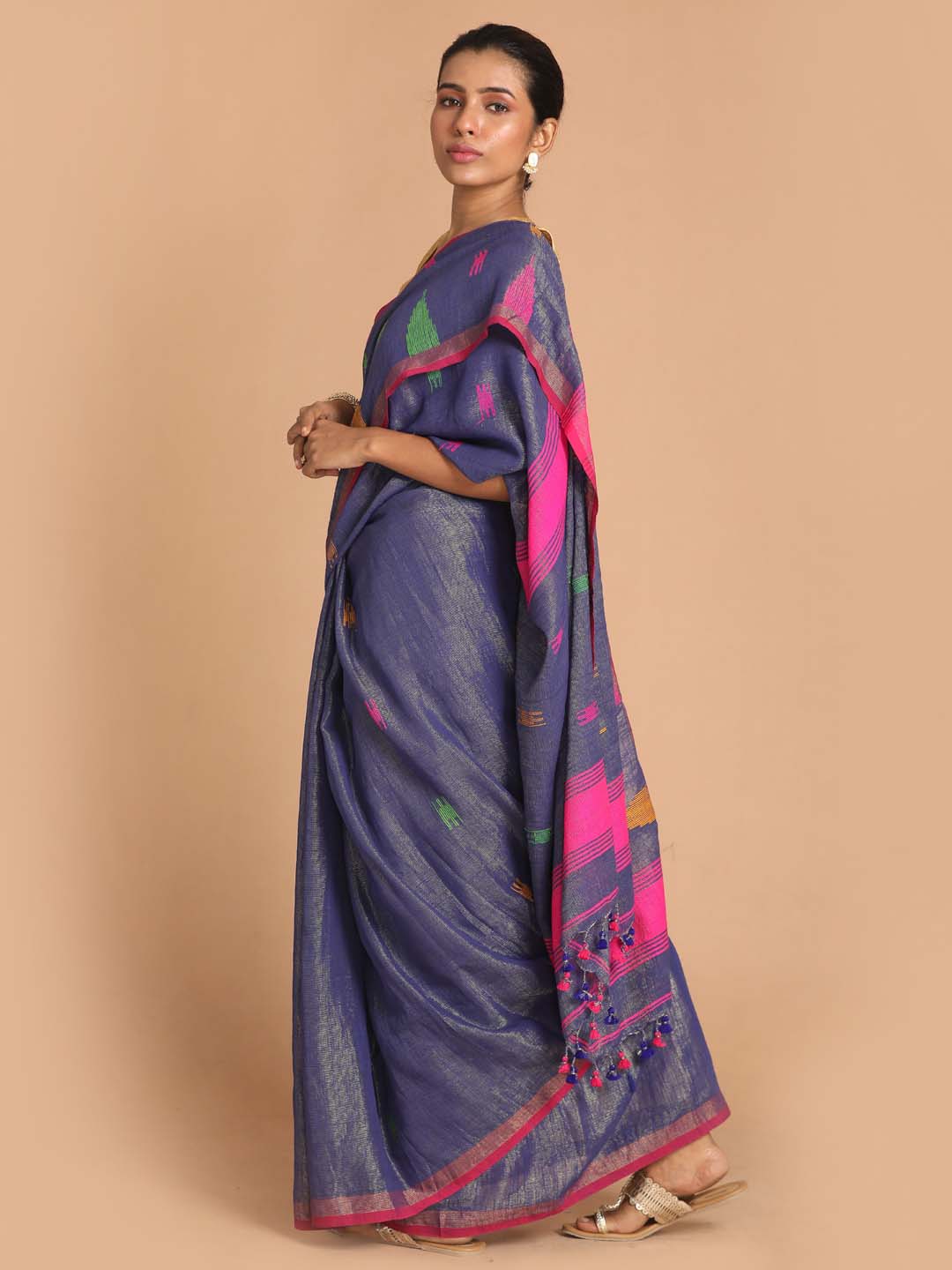 Indethnic Navy Blue Bengal Handloom Cotton Blend Party Saree - View 2