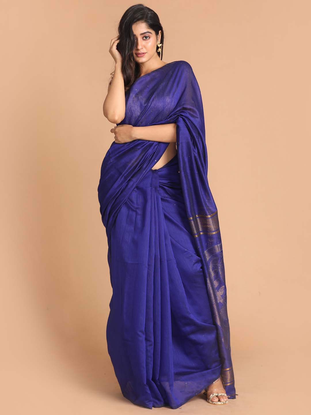 Indethnic Navy Blue Bengal Handloom Cotton Blend Work Saree - View 1