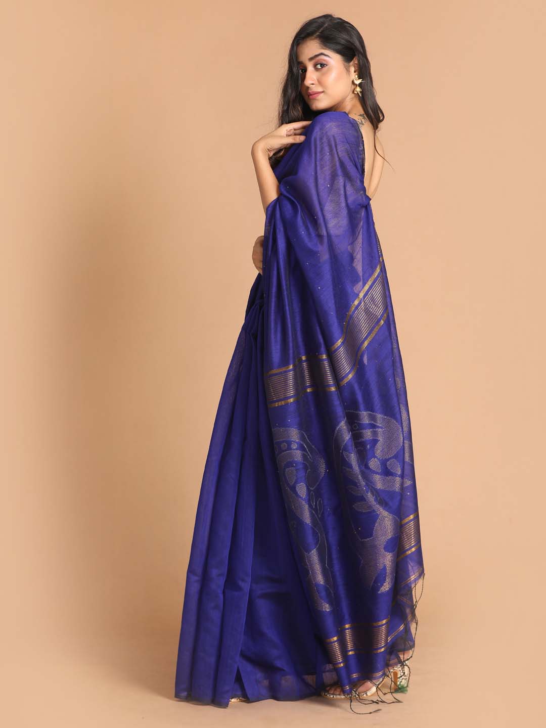 Indethnic Navy Blue Bengal Handloom Cotton Blend Work Saree - View 2