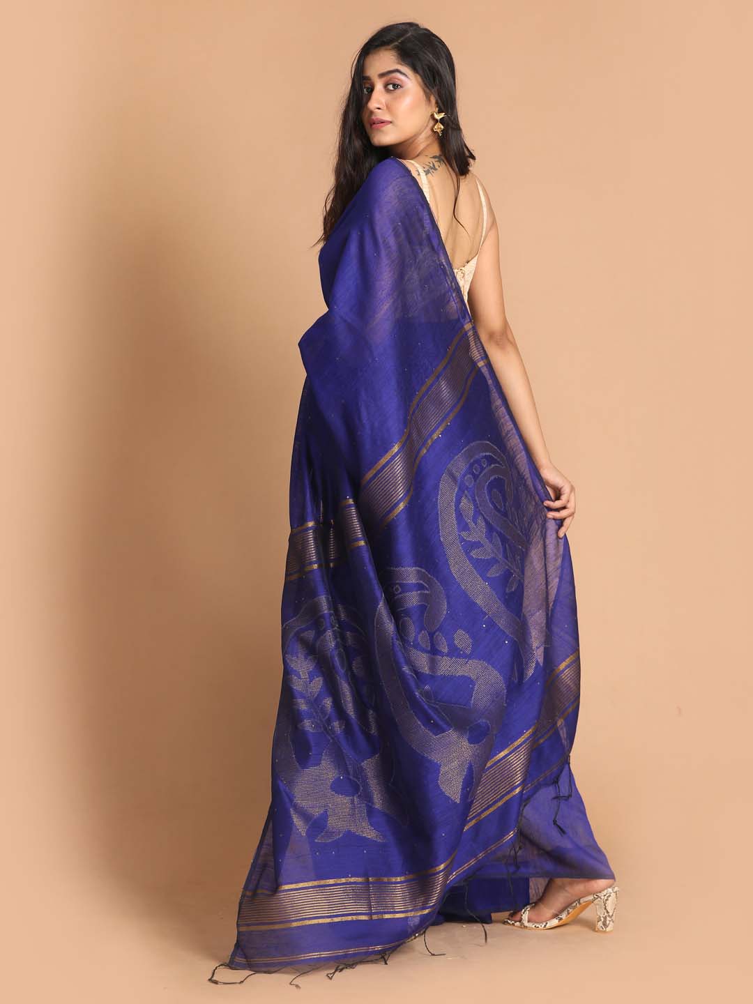 Indethnic Navy Blue Bengal Handloom Cotton Blend Work Saree - View 3