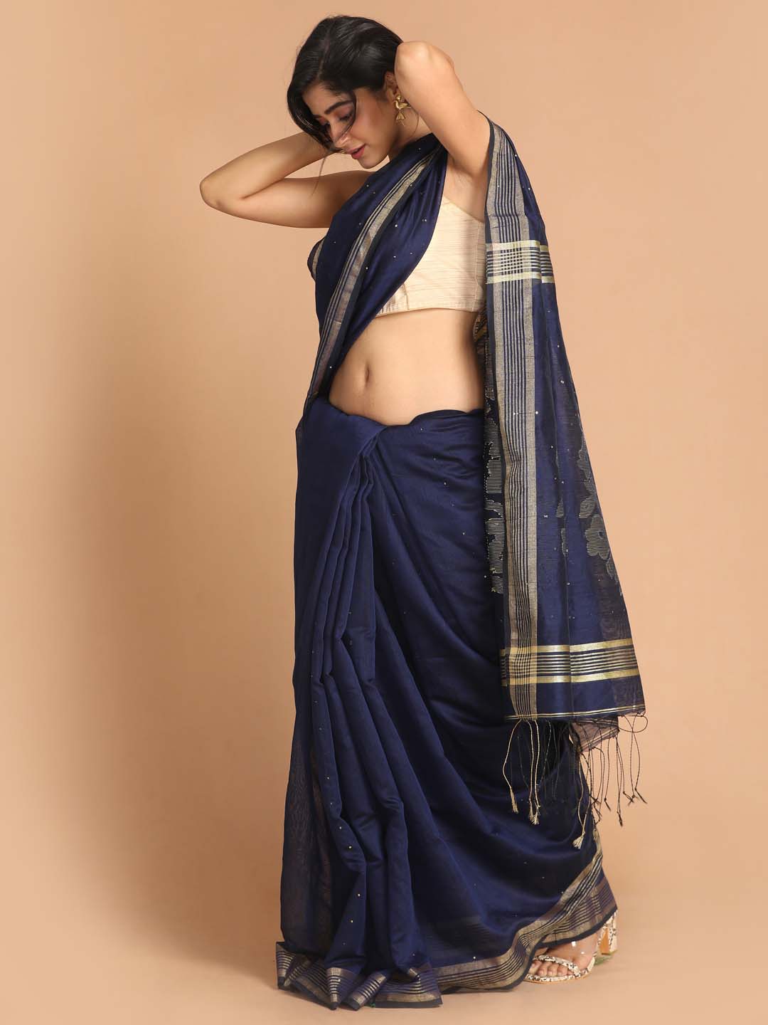 Indethnic Navy Blue Bengal Handloom Cotton Blend Party Saree - View 2