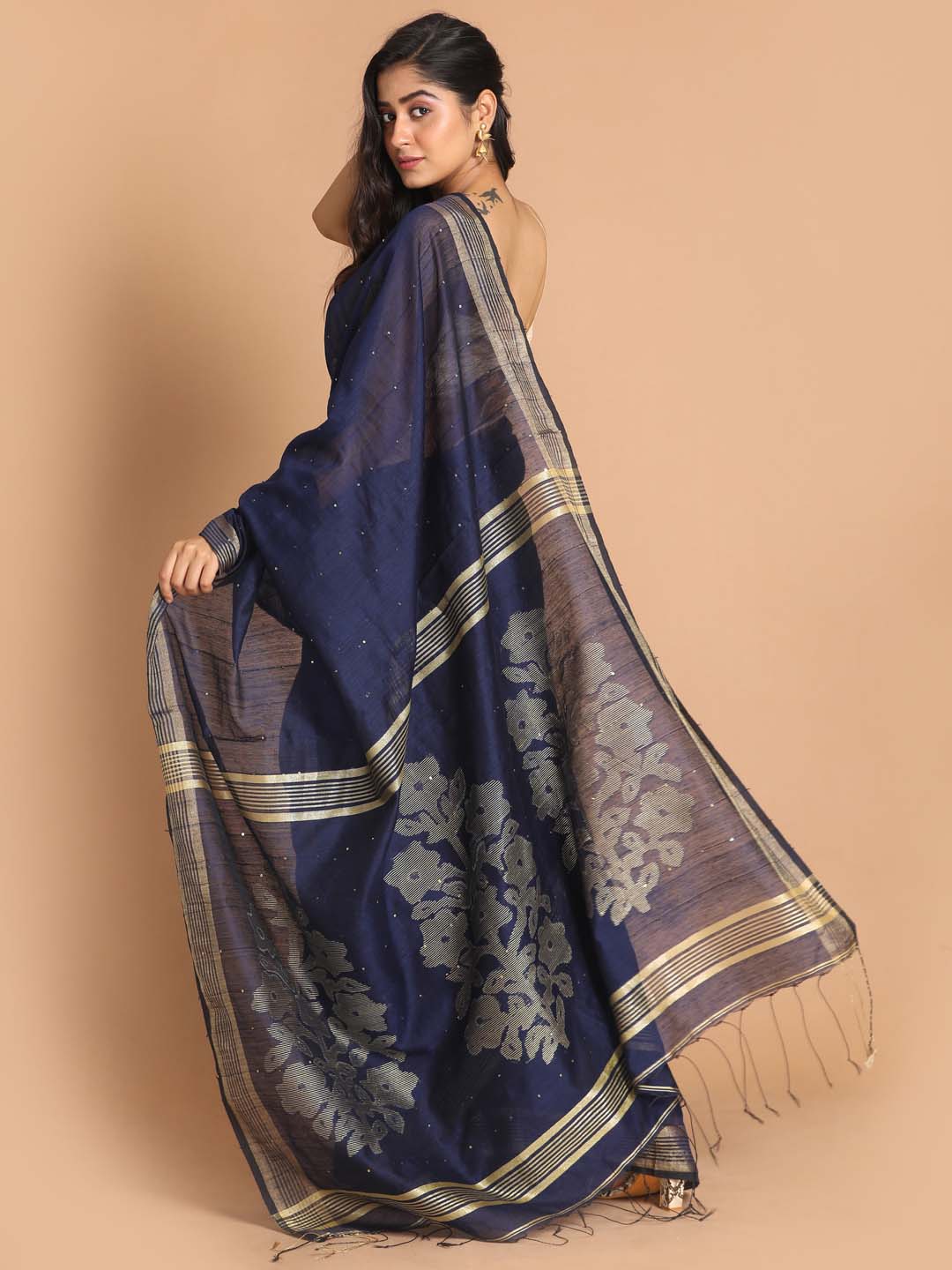 Indethnic Navy Blue Bengal Handloom Cotton Blend Party Saree - View 3