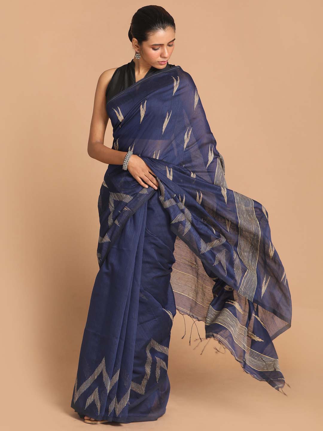 Indethnic Navy Blue Bengal Handloom Cotton Blend Work Saree - View 1