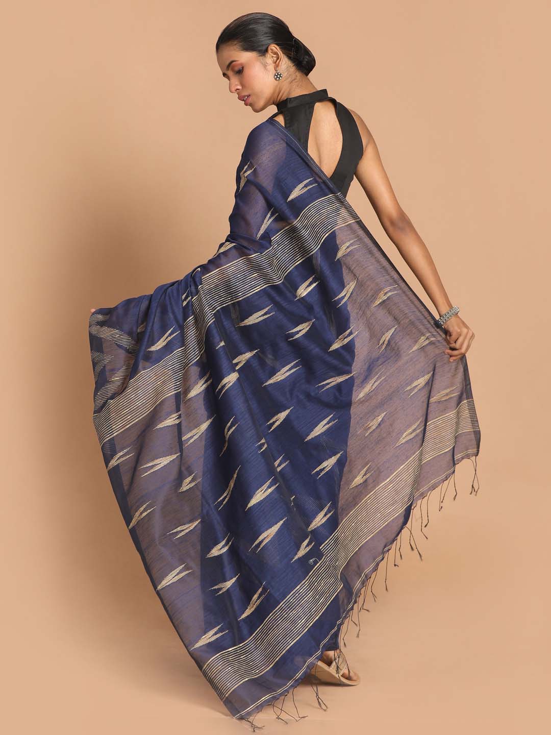 Indethnic Navy Blue Bengal Handloom Cotton Blend Work Saree - View 3