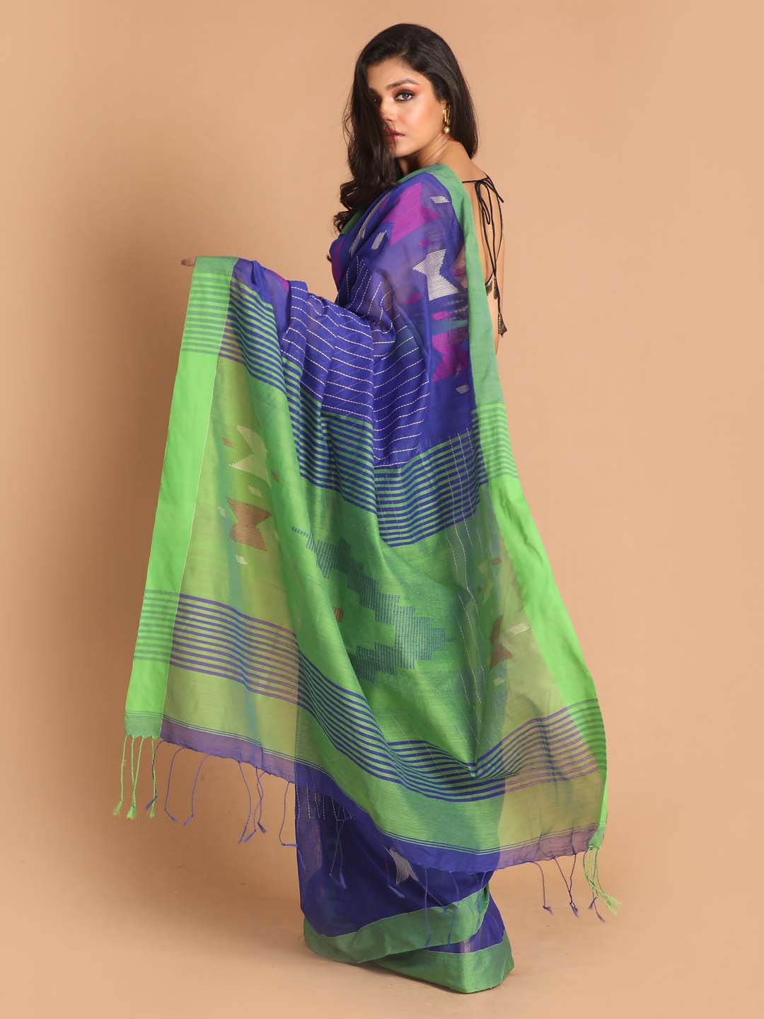 Indethnic Navy Blue Bengal Handloom Cotton Blend Work Saree - View 3