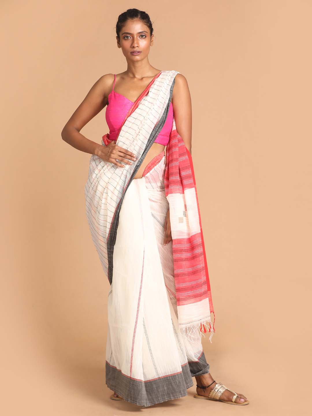 Indethnic Off White Bengal Handloom Cotton Blend Work Saree - View 1