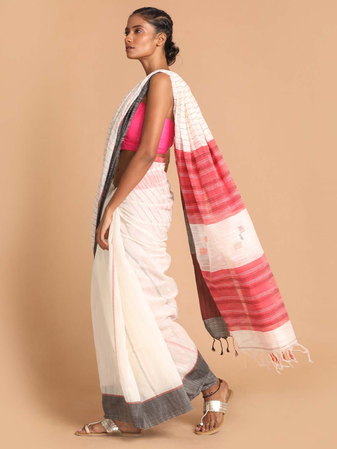 Indethnic Off White Bengal Handloom Cotton Blend Work Saree - View 2