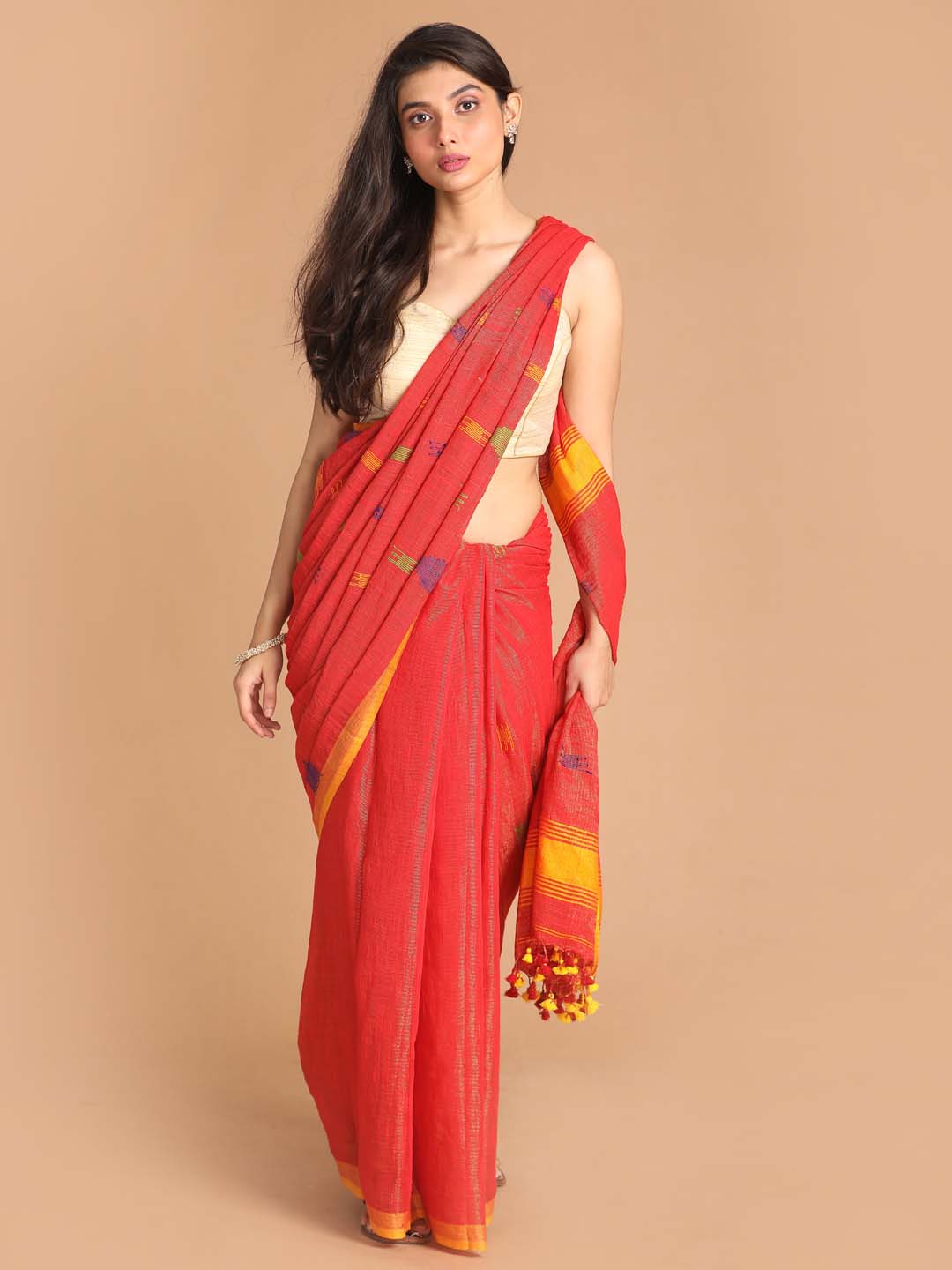 Indethnic Orange Bengal Handloom Cotton Blend Party Saree - View 1