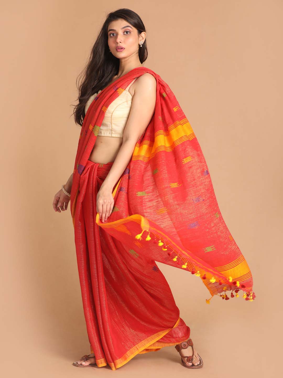 Indethnic Orange Bengal Handloom Cotton Blend Party Saree - View 2