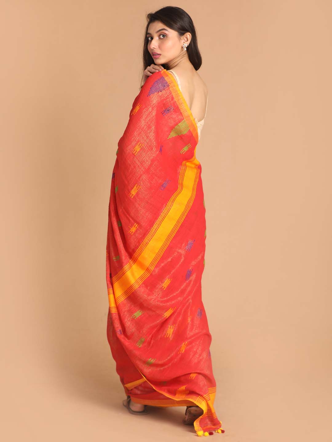 Indethnic Orange Bengal Handloom Cotton Blend Party Saree - View 3