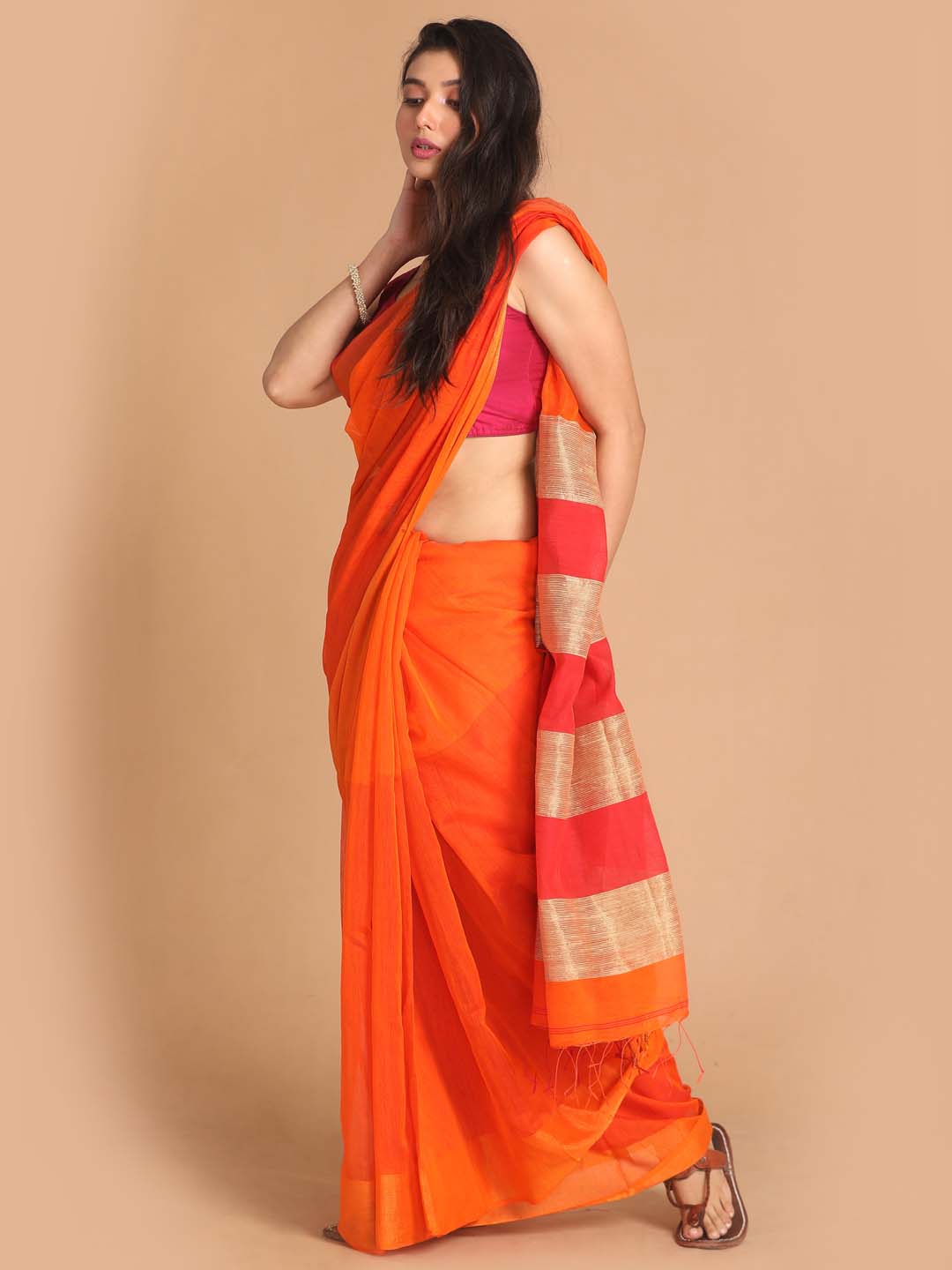 Indethnic Orange Bengal Handloom Cotton Blend Work Saree - View 1