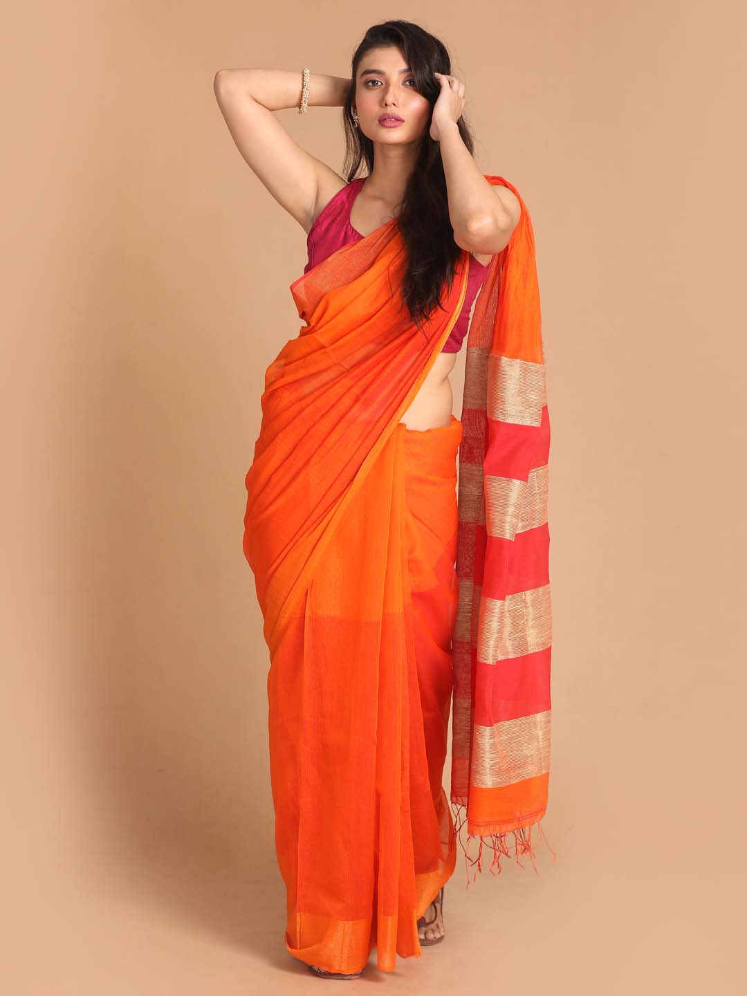 Indethnic Orange Bengal Handloom Cotton Blend Work Saree - View 2