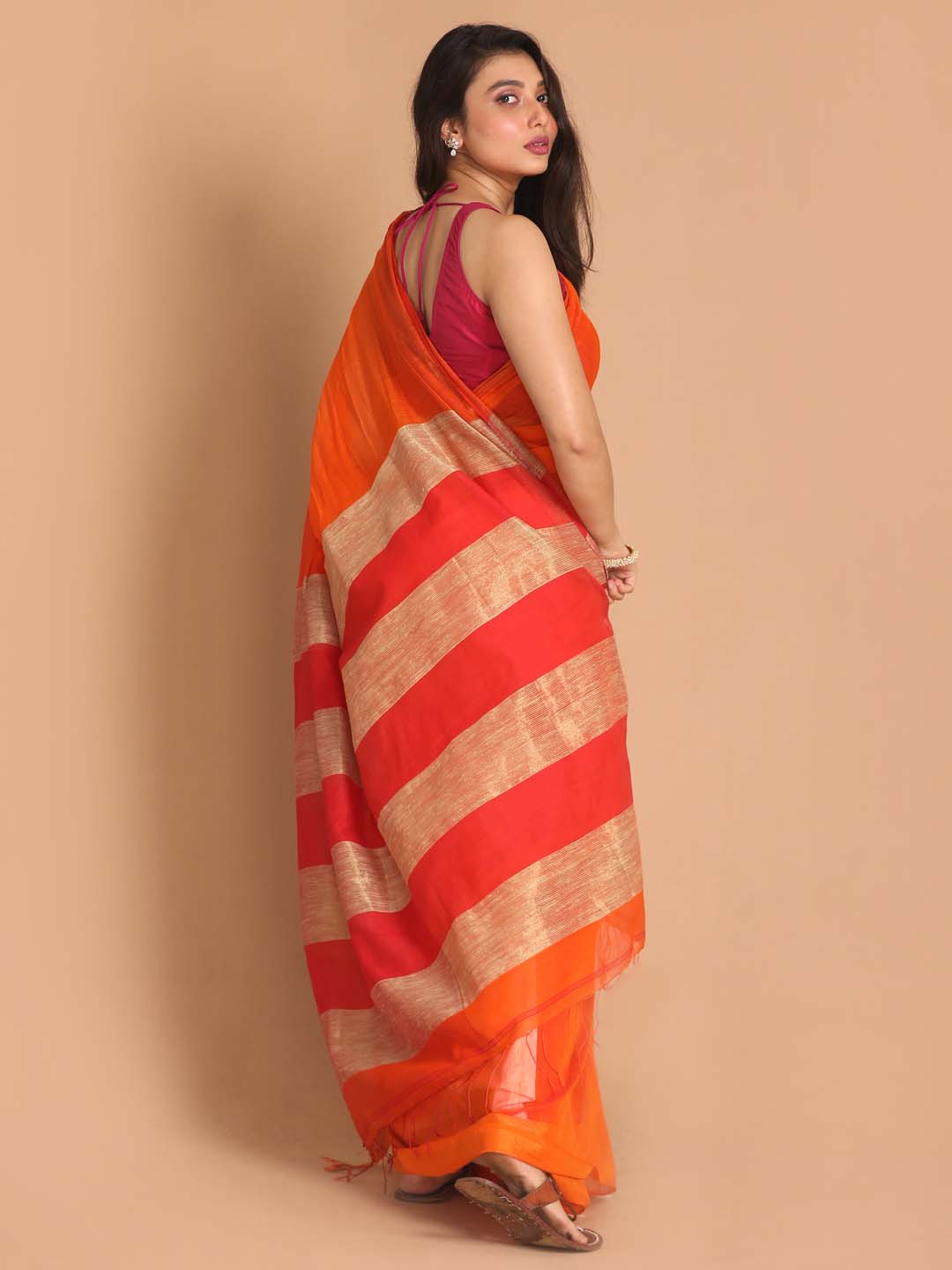 Indethnic Orange Bengal Handloom Cotton Blend Work Saree - View 3