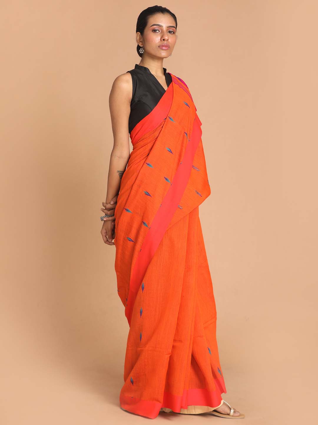 Indethnic Orange Bengal Handloom Cotton Blend Work Saree - View 1