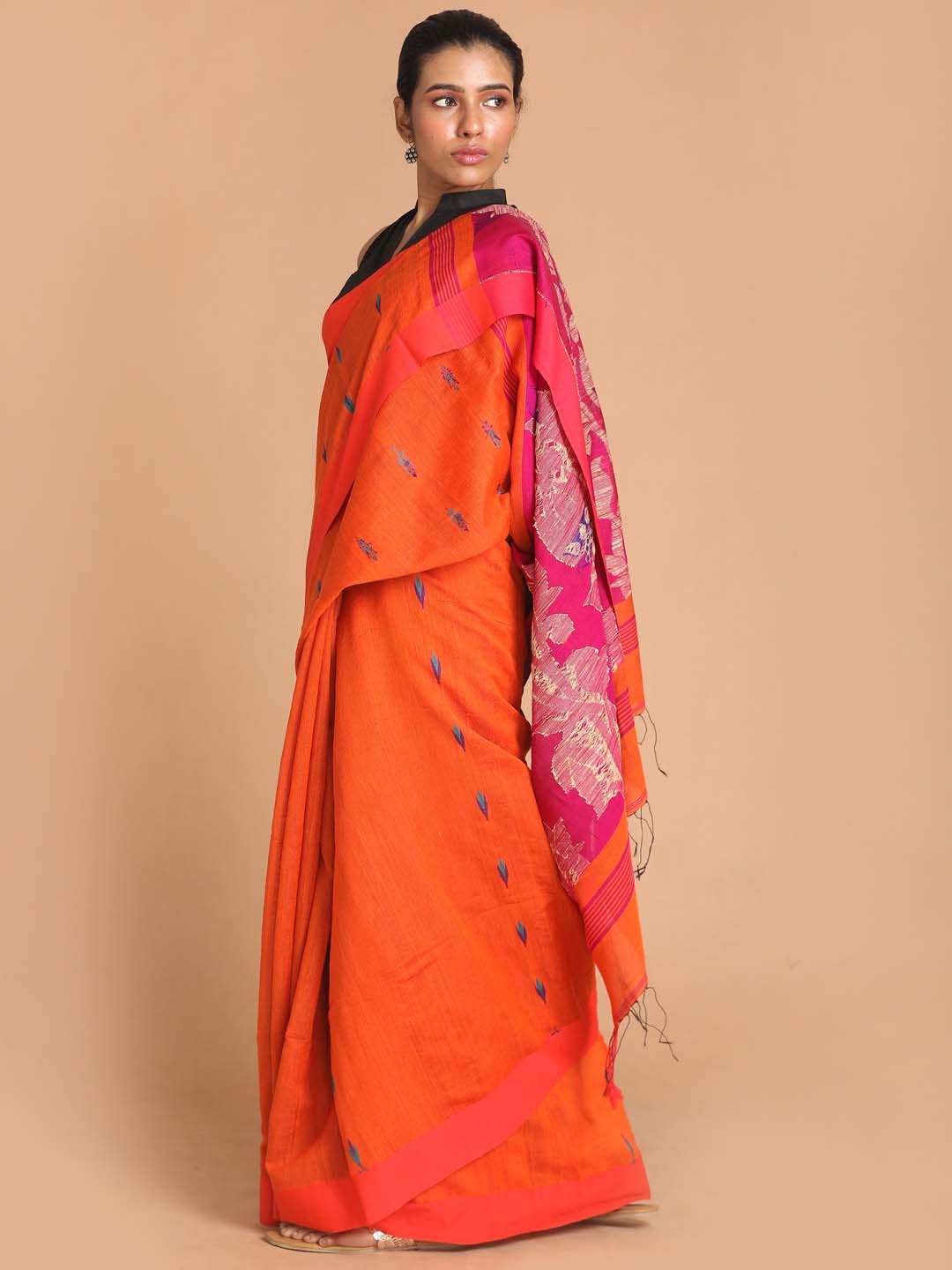 Indethnic Orange Bengal Handloom Cotton Blend Work Saree - View 2