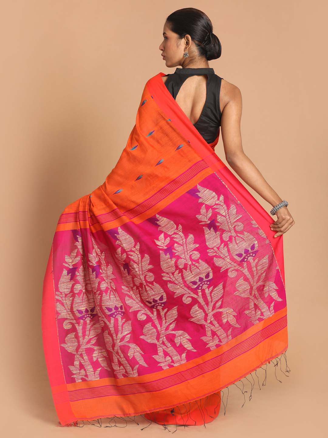 Indethnic Orange Bengal Handloom Cotton Blend Work Saree - View 3