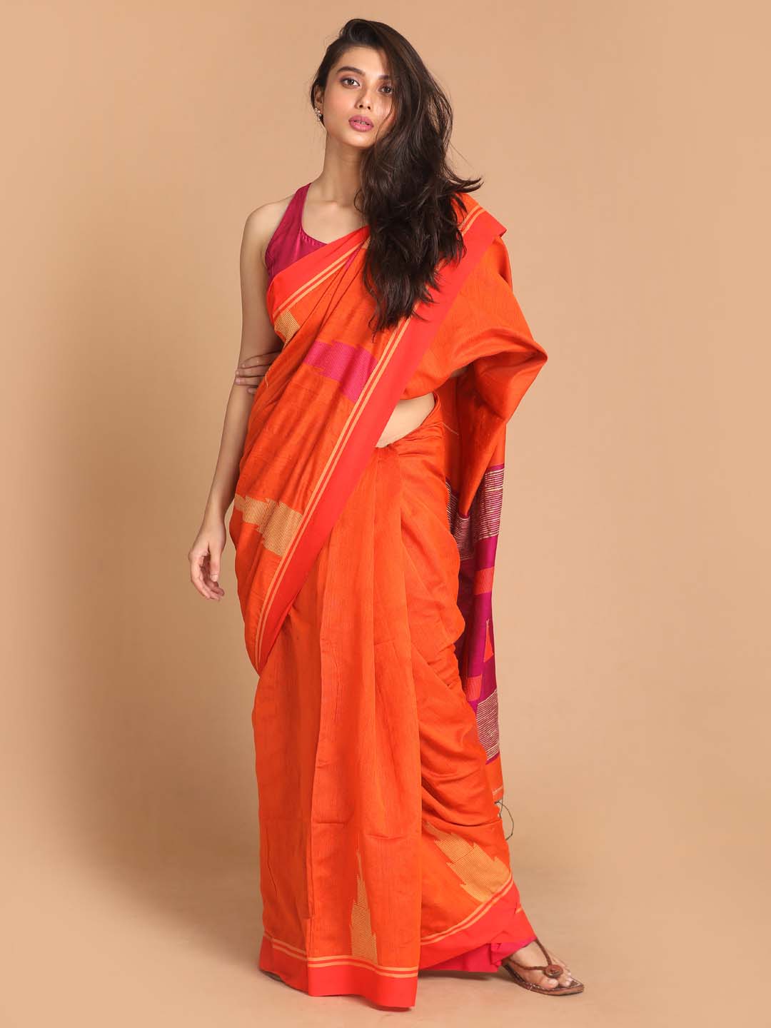 Indethnic Orange Bengal Handloom Cotton Blend Work Saree - View 1