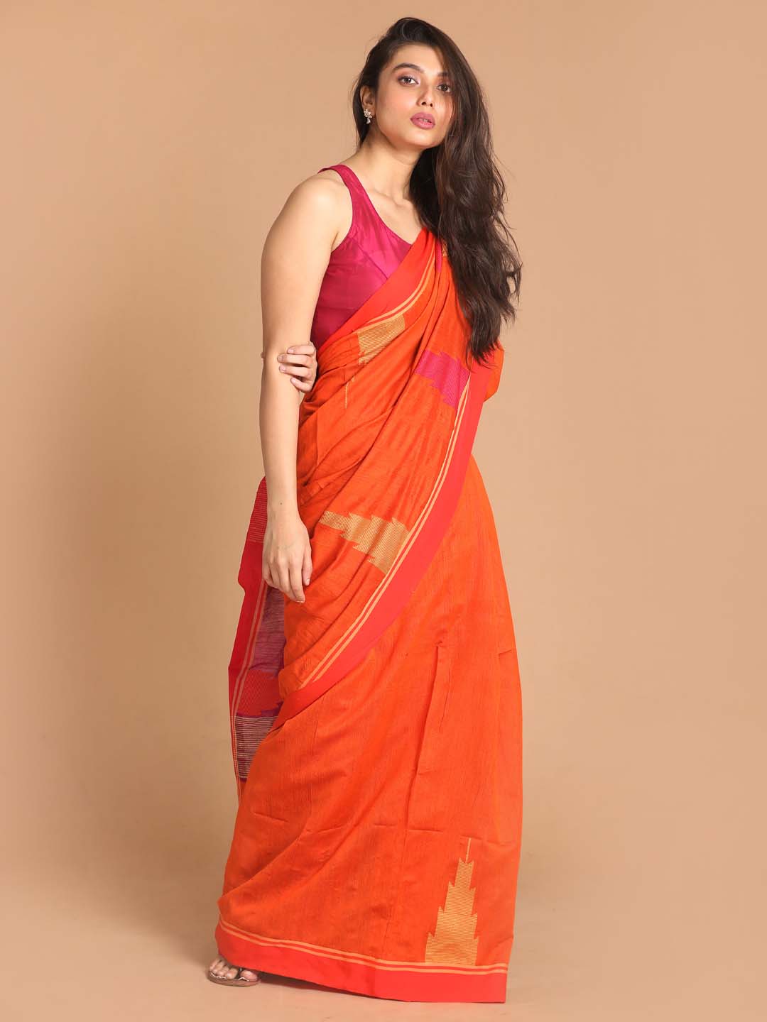 Indethnic Orange Bengal Handloom Cotton Blend Work Saree - View 2