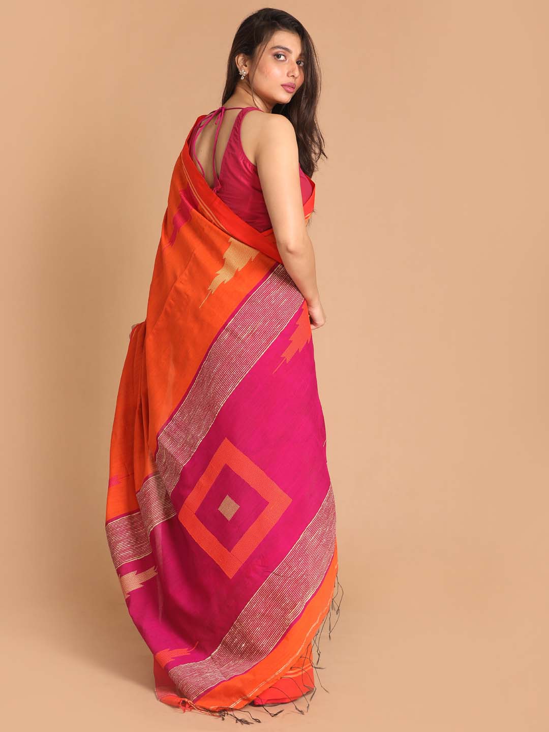 Indethnic Orange Bengal Handloom Cotton Blend Work Saree - View 3