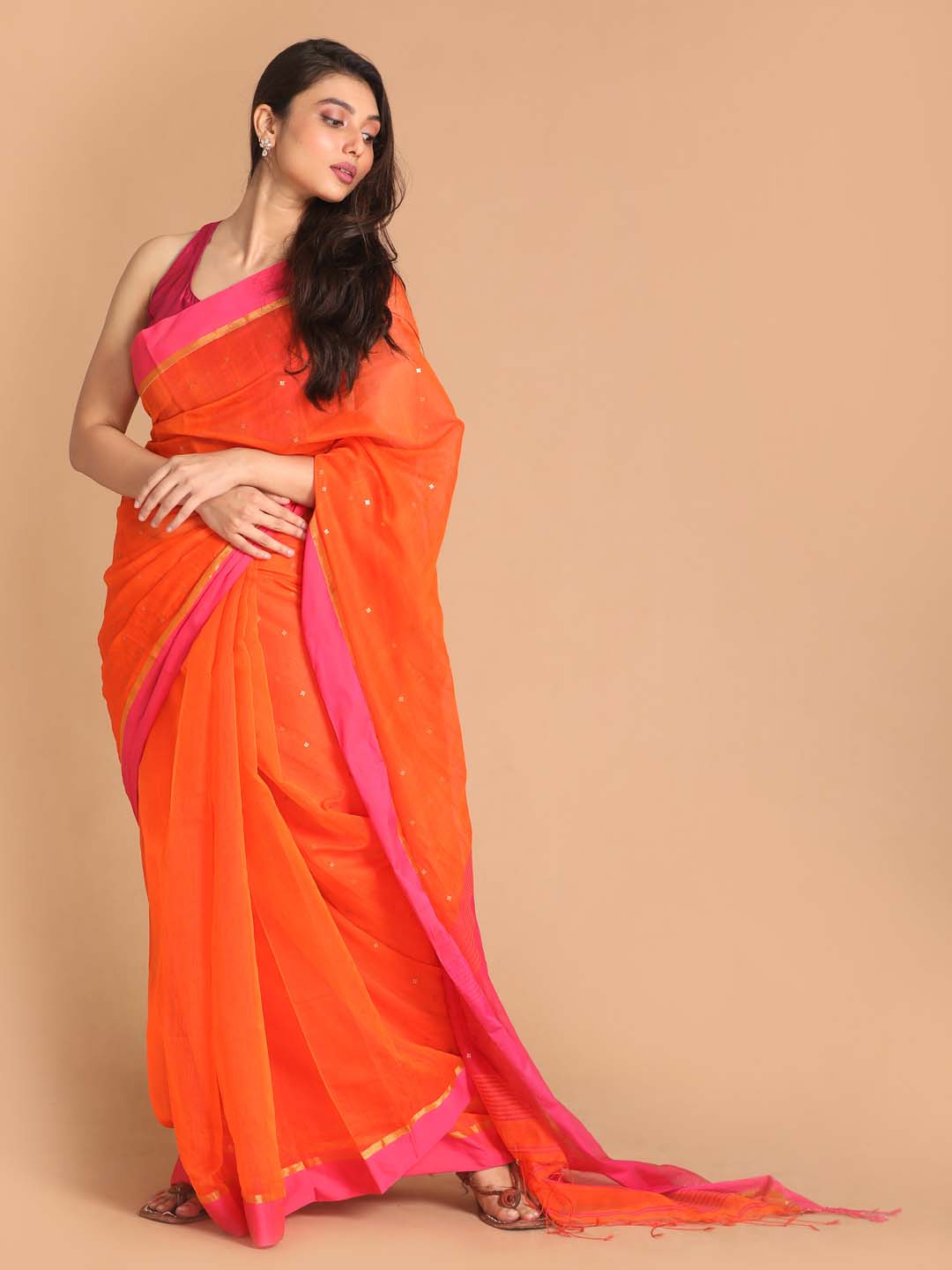 Indethnic Orange Bengal Handloom Cotton Blend Work Saree - View 1