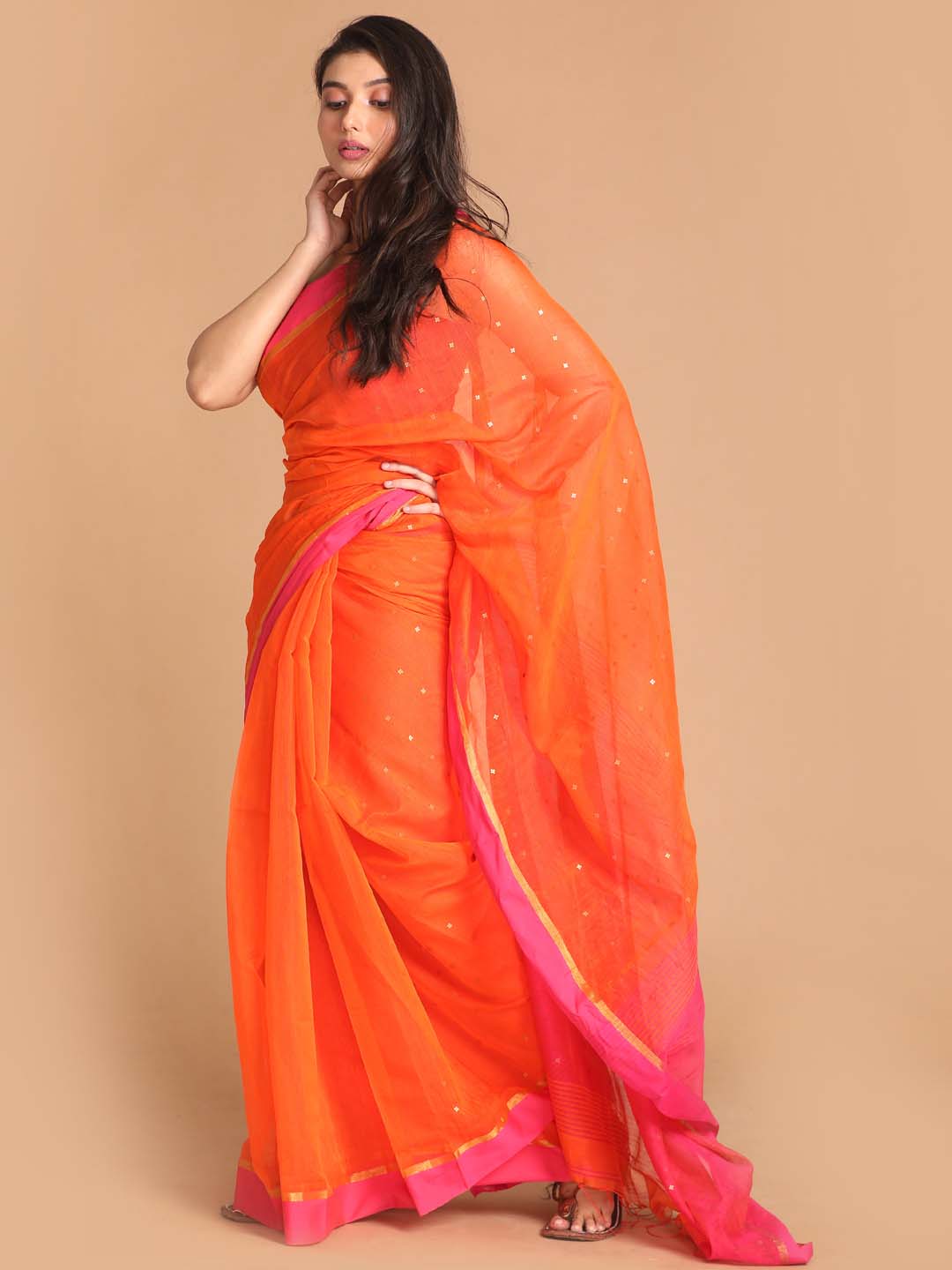 Indethnic Orange Bengal Handloom Cotton Blend Work Saree - View 2