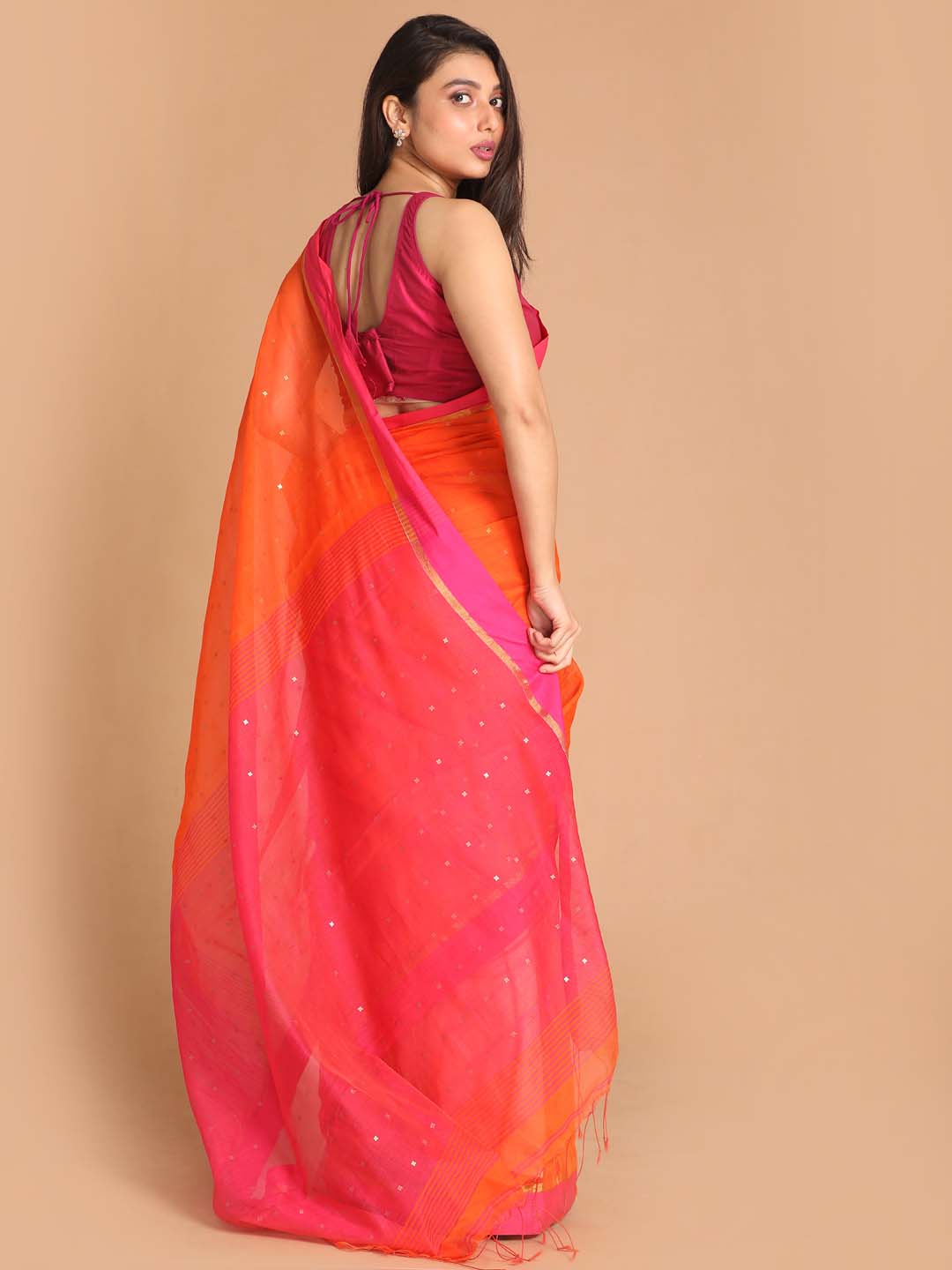Indethnic Orange Bengal Handloom Cotton Blend Work Saree - View 3