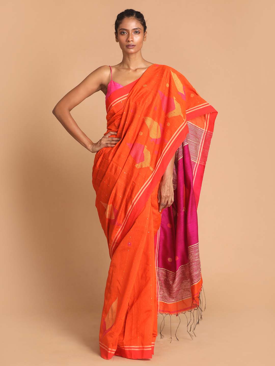 Indethnic Orange Bengal Handloom Cotton Blend Work Saree - View 1