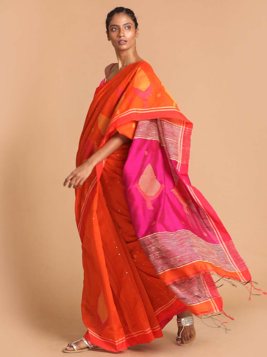 Indethnic Orange Bengal Handloom Cotton Blend Work Saree - View 2