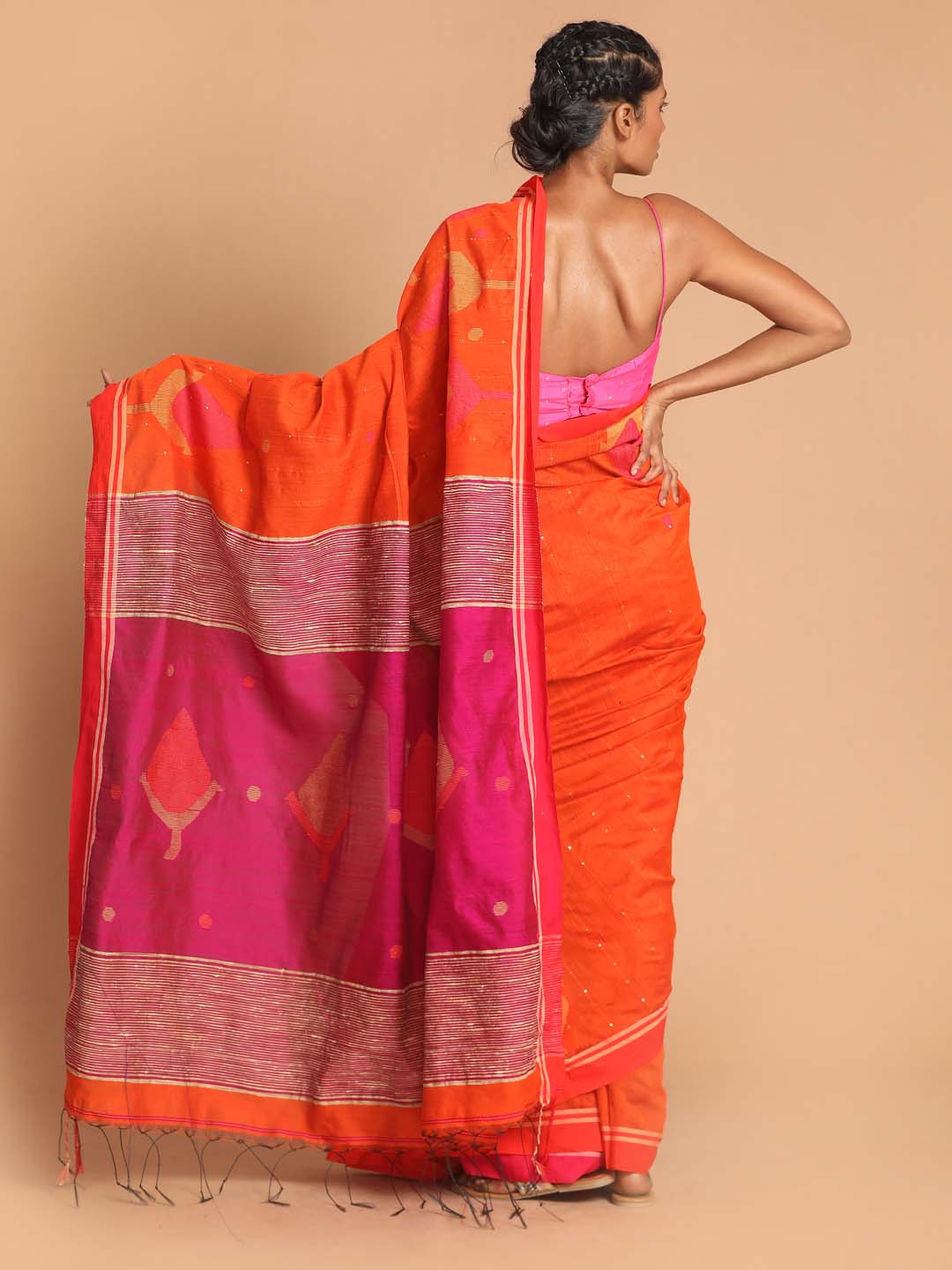 Indethnic Orange Bengal Handloom Cotton Blend Work Saree - View 3