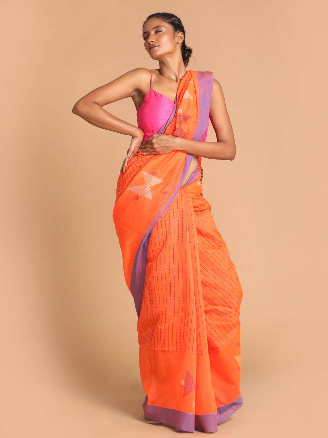 Indethnic Orange Bengal Handloom Cotton Blend Work Saree - View 1