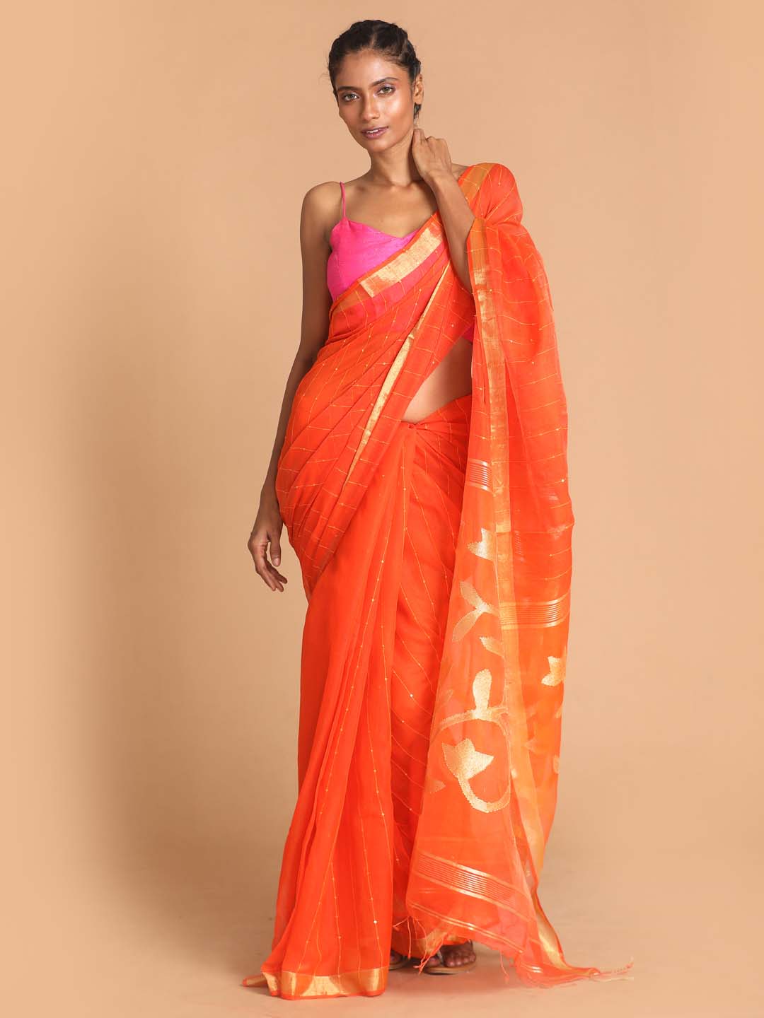 Indethnic Orange Bengal Handloom Cotton Blend Work Saree - View 1