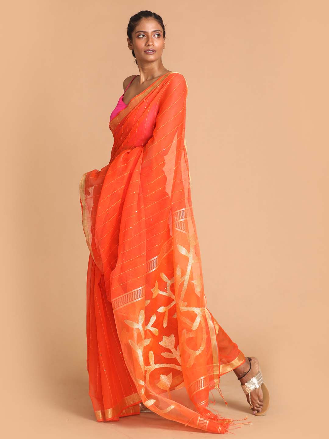 Indethnic Orange Bengal Handloom Cotton Blend Work Saree - View 2