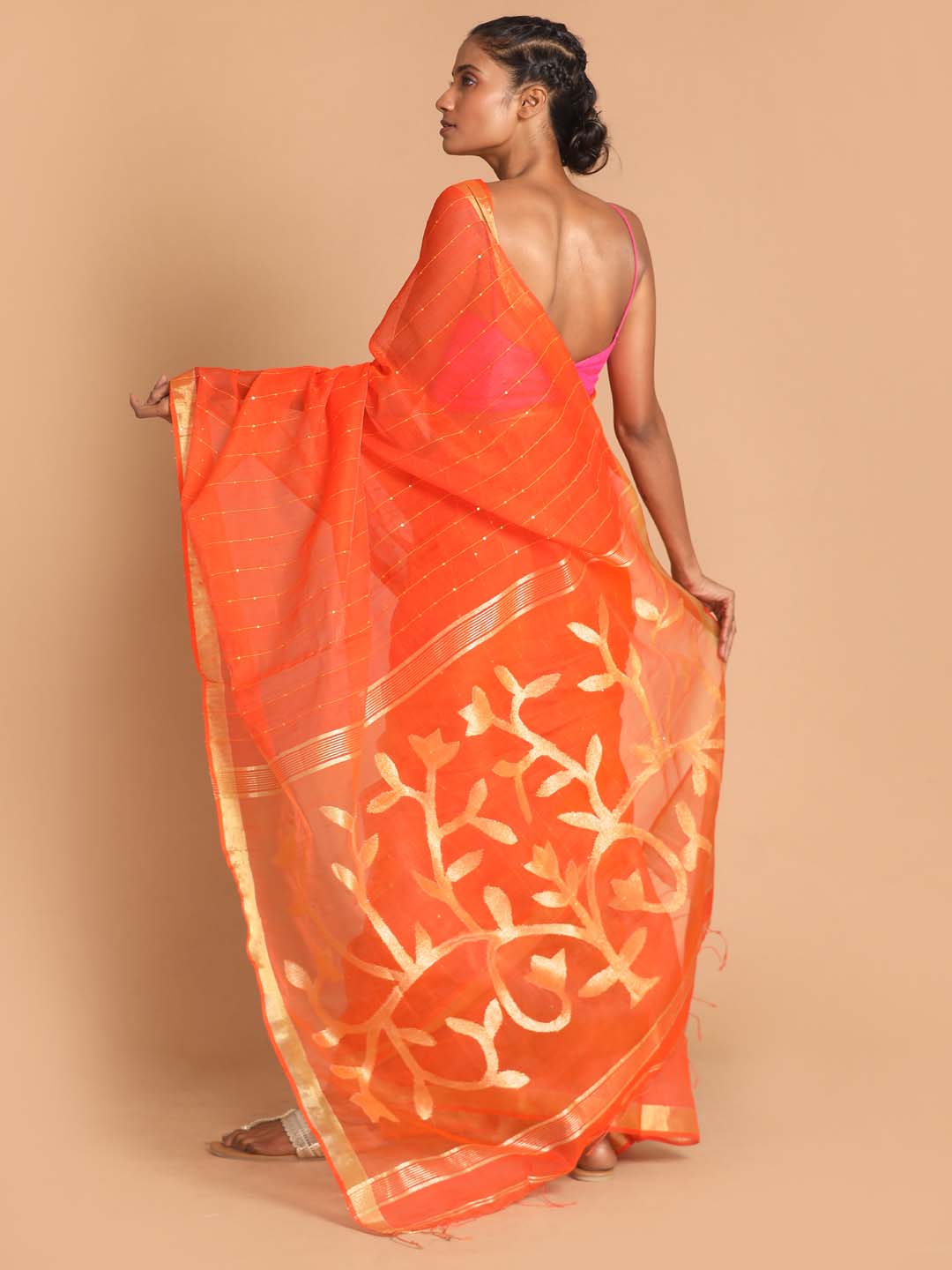 Indethnic Orange Bengal Handloom Cotton Blend Work Saree - View 3