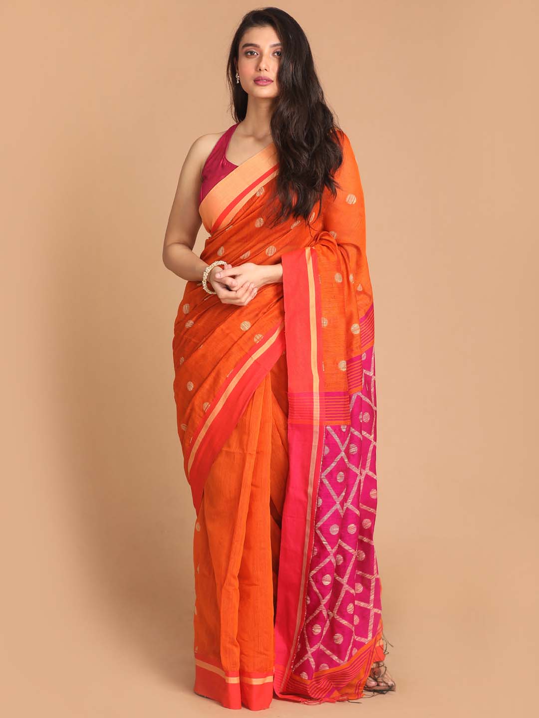 Indethnic Orange Bengal Handloom Cotton Blend Work Saree - View 1