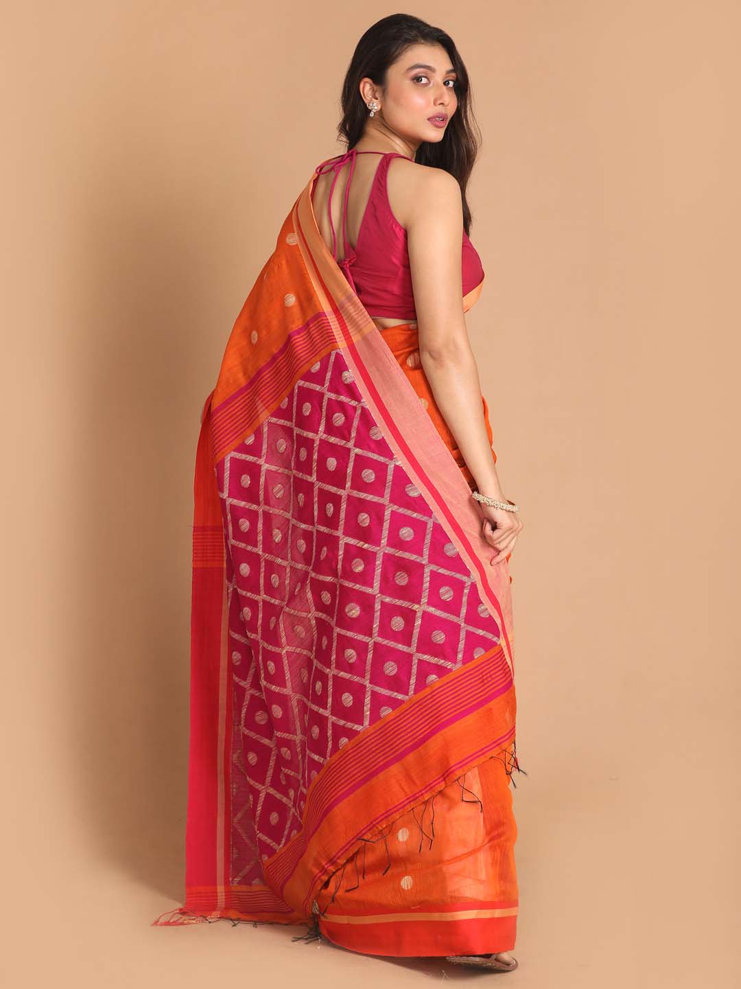 Indethnic Orange Bengal Handloom Cotton Blend Work Saree - View 2