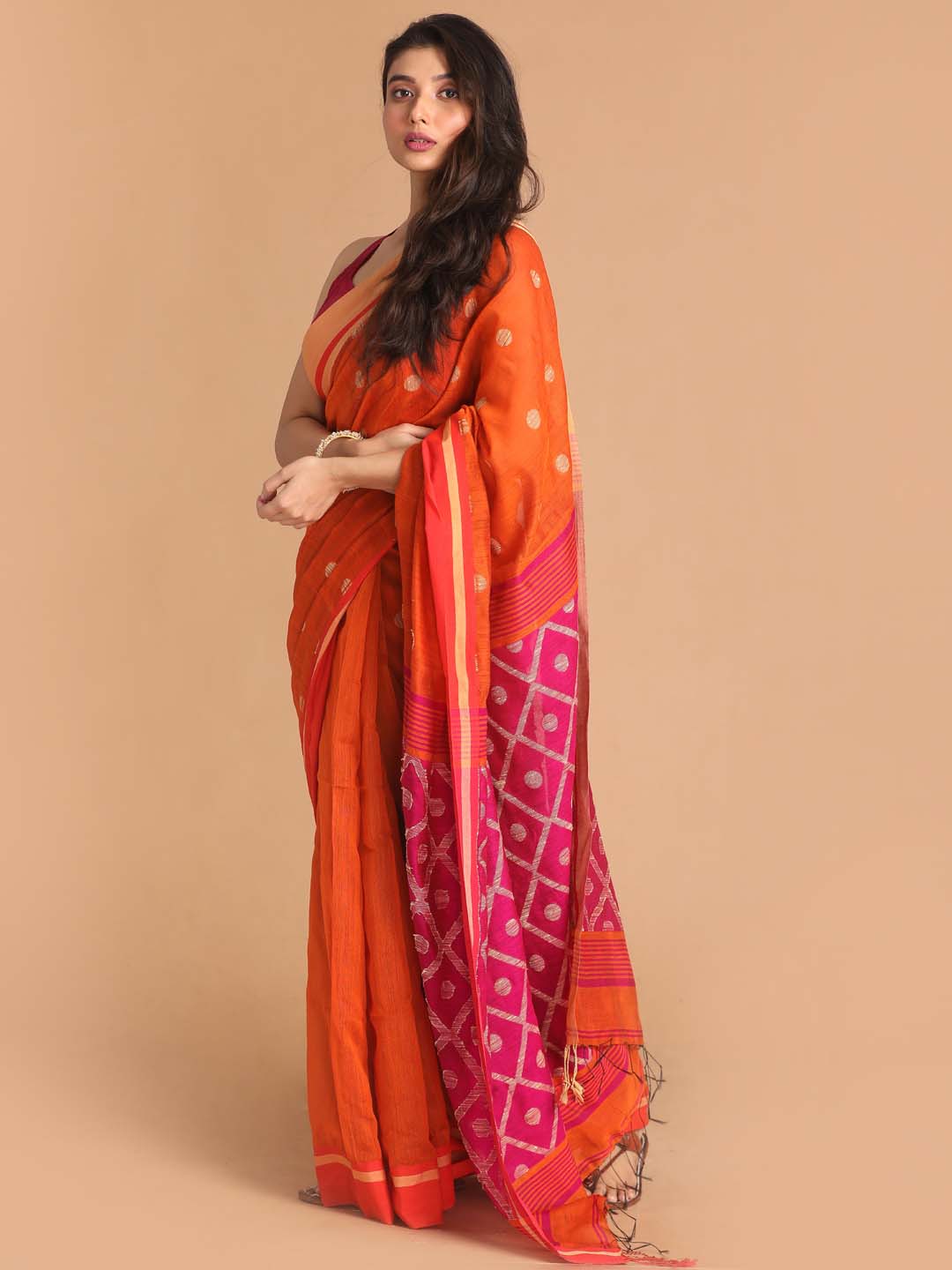 Indethnic Orange Bengal Handloom Cotton Blend Work Saree - View 3