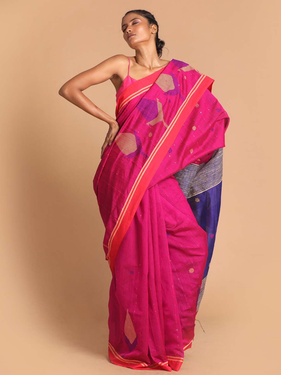 Indethnic Purple Bengal Handloom Cotton Blend Work Saree - View 1