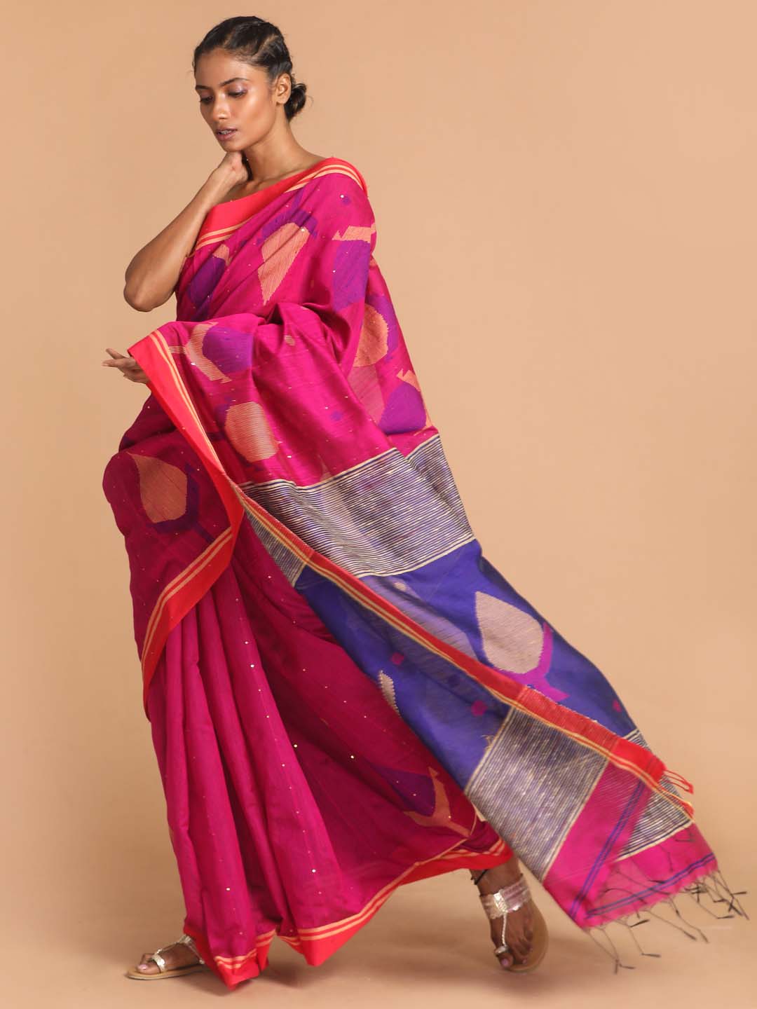 Indethnic Purple Bengal Handloom Cotton Blend Work Saree - View 2
