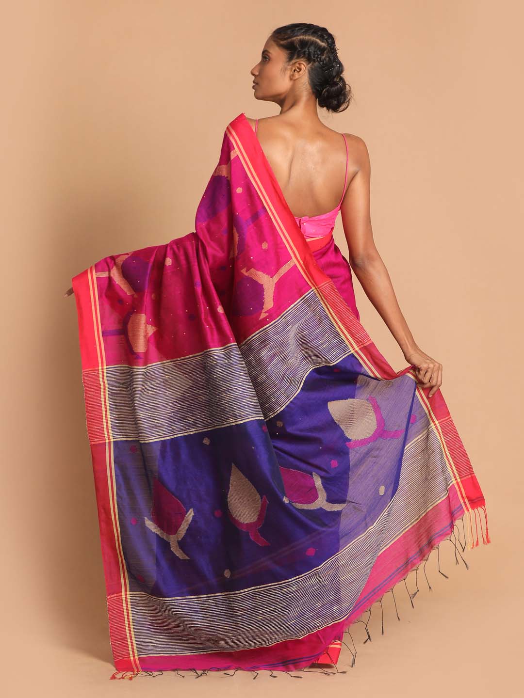 Indethnic Purple Bengal Handloom Cotton Blend Work Saree - View 3
