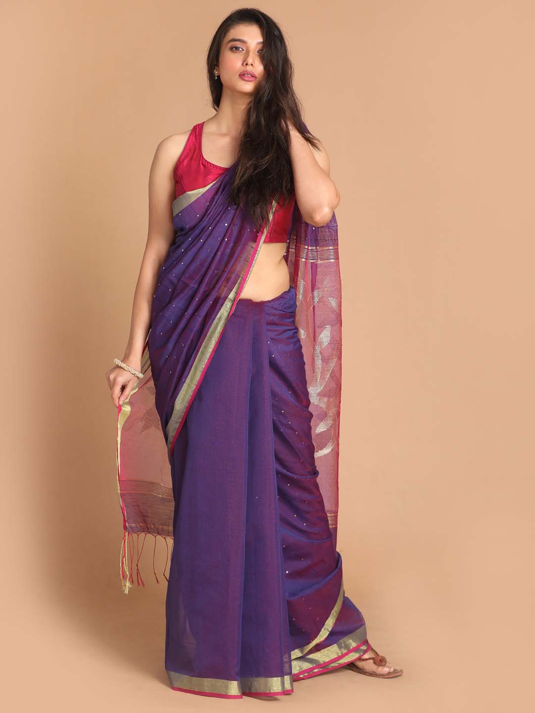 Indethnic Purple Bengal Handloom Cotton Blend Work Saree - View 1