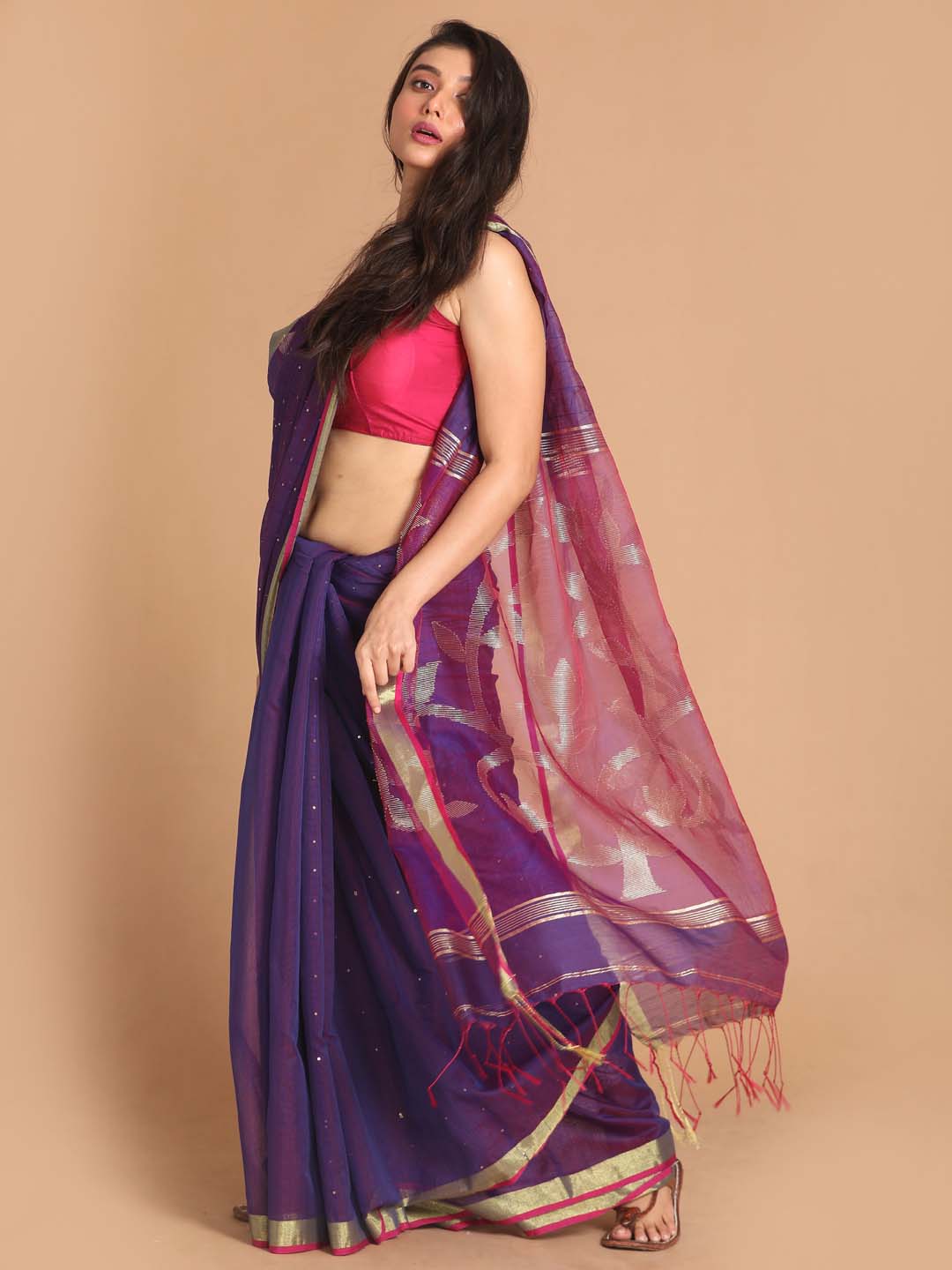 Indethnic Purple Bengal Handloom Cotton Blend Work Saree - View 2