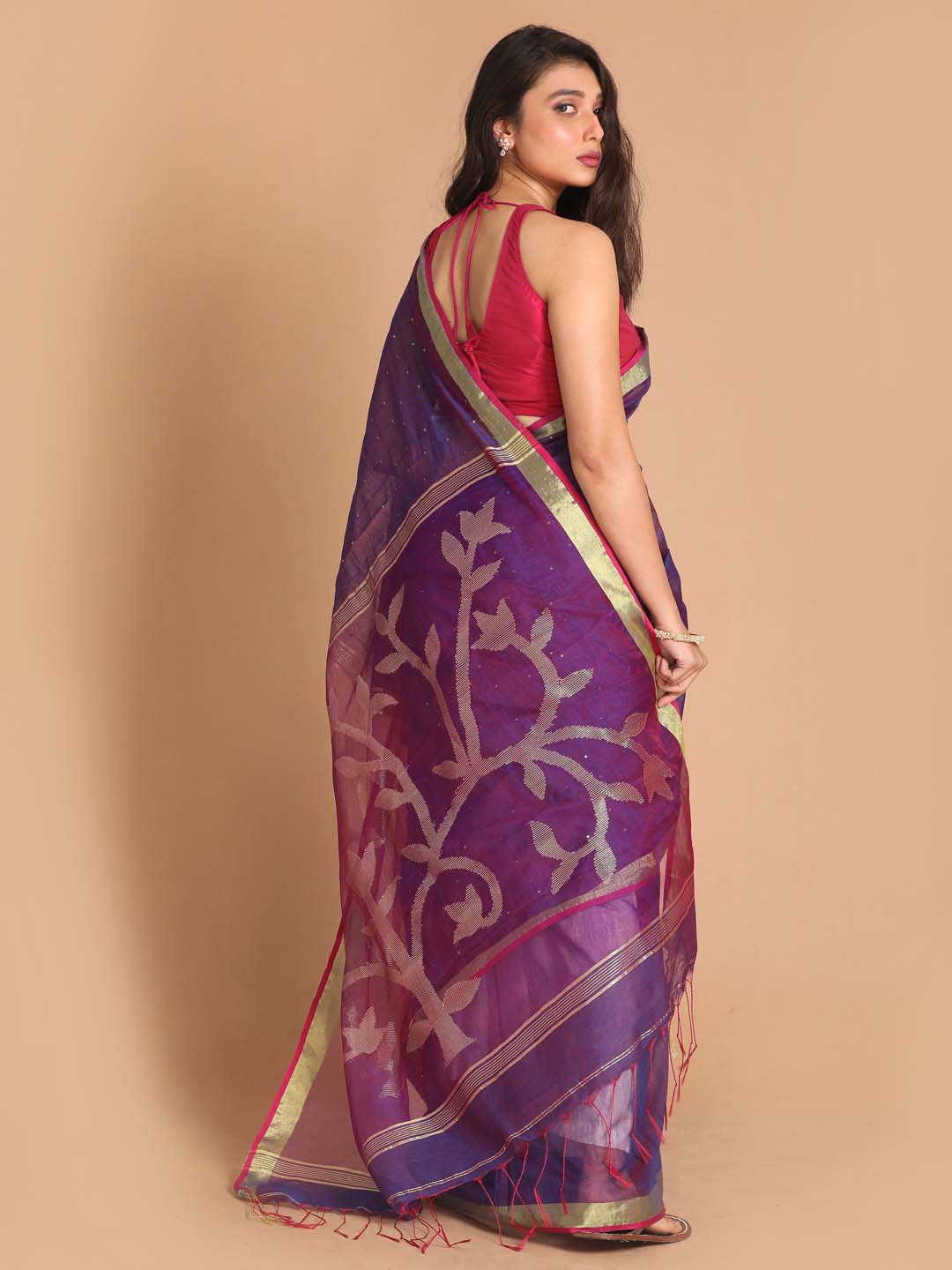 Indethnic Purple Bengal Handloom Cotton Blend Work Saree - View 3