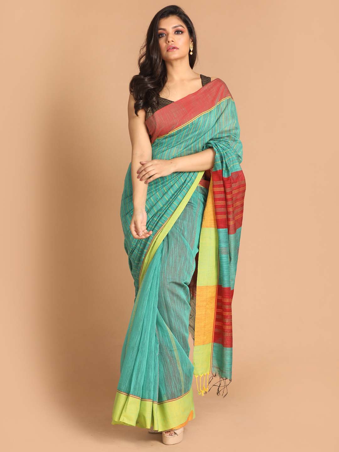 Indethnic Sea Green Bengal Handloom Cotton Blend Work Saree - View 1