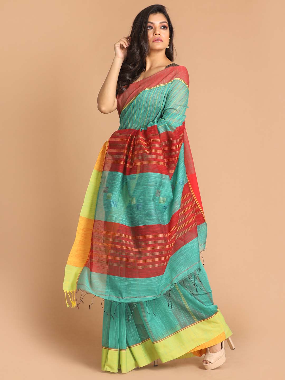 Indethnic Sea Green Bengal Handloom Cotton Blend Work Saree - View 2