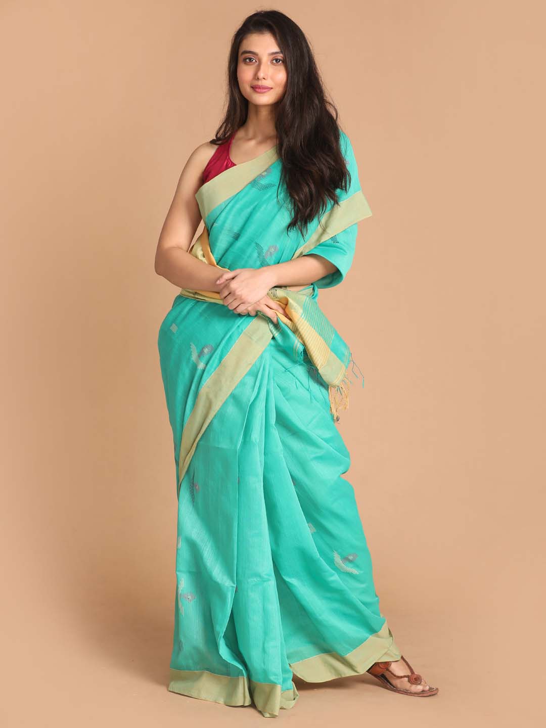 Indethnic Sea Green Bengal Handloom Cotton Blend Work Saree - View 1